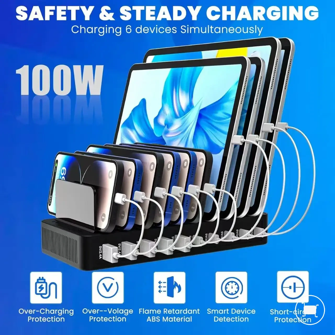 حامل شحن 100W مع 5 منافذ USB و5 منافذ Type-C لعدة أجهزة.