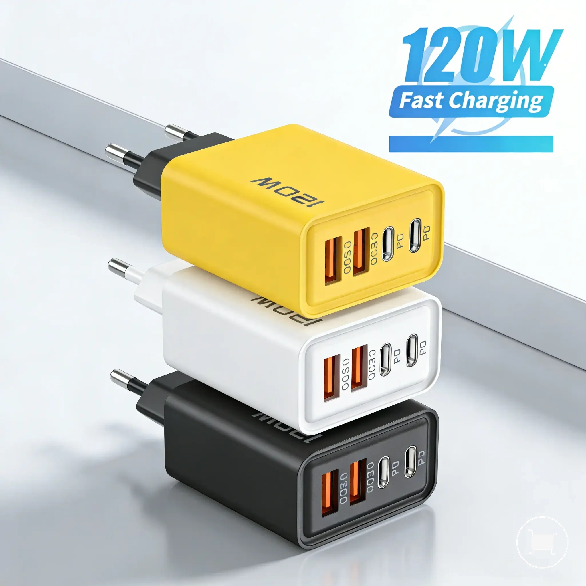 شاحن USB-C للسفر 120W بأربعة منافذ مع خيارات فيش EU وUS وUK.