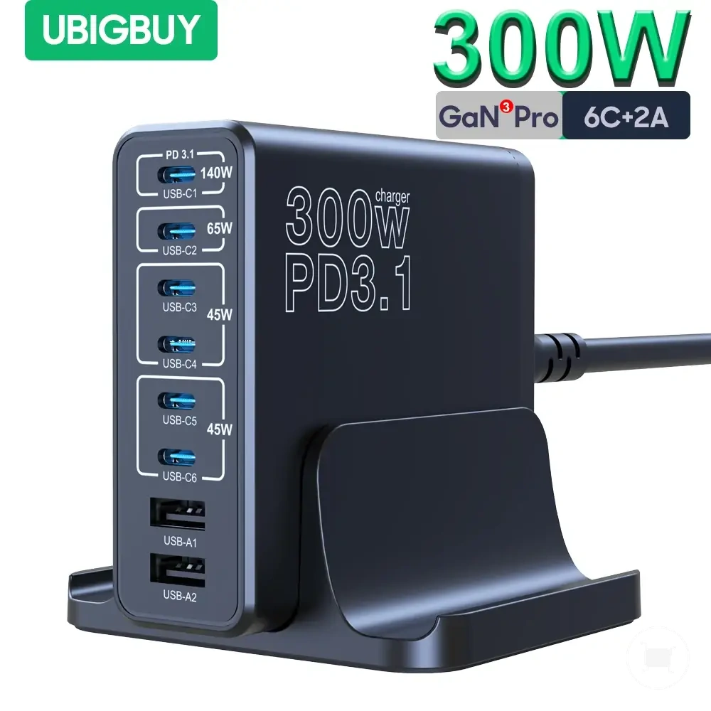 محطة شحن GaN متعددة المنافذ 300W مع PD3.1 وPPS ومنافذ USB-C.