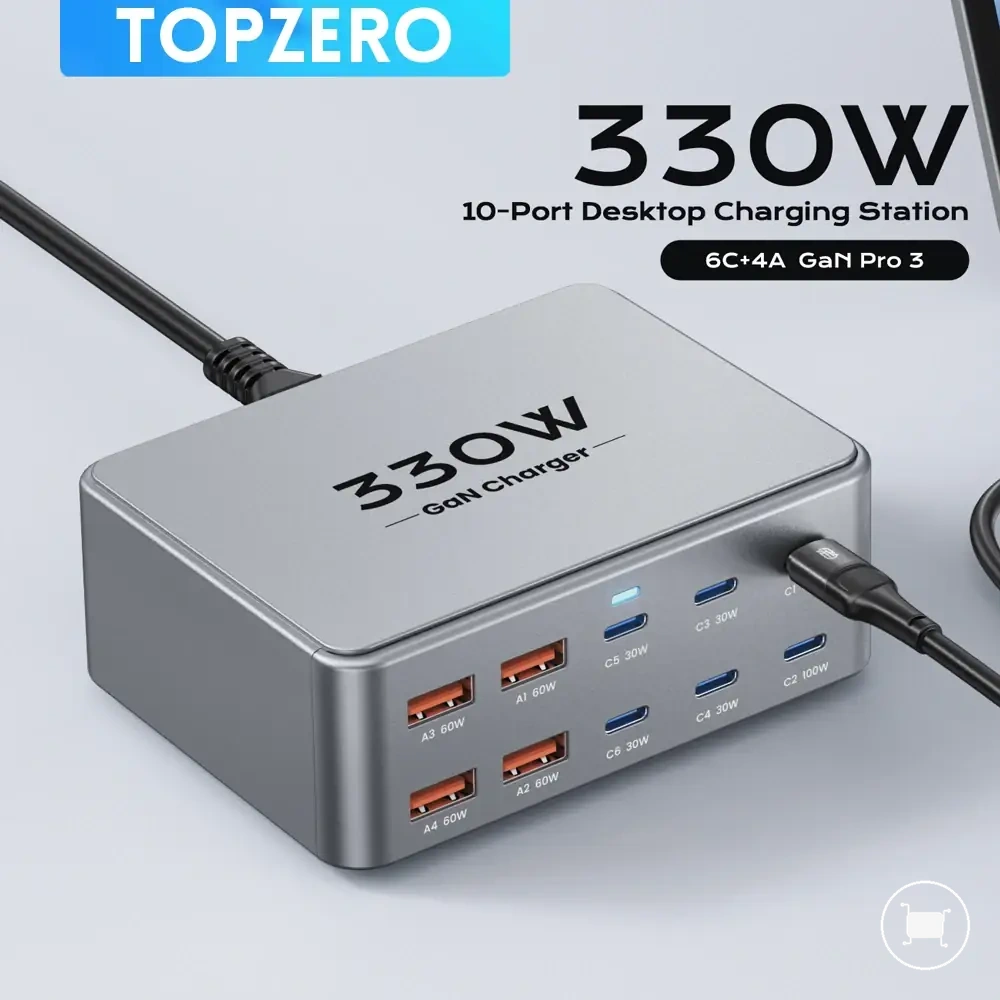 شاحن مكتبي GaN 330W بعشرة منافذ مع دعم PD3.0 وPPS وQC3.0.
