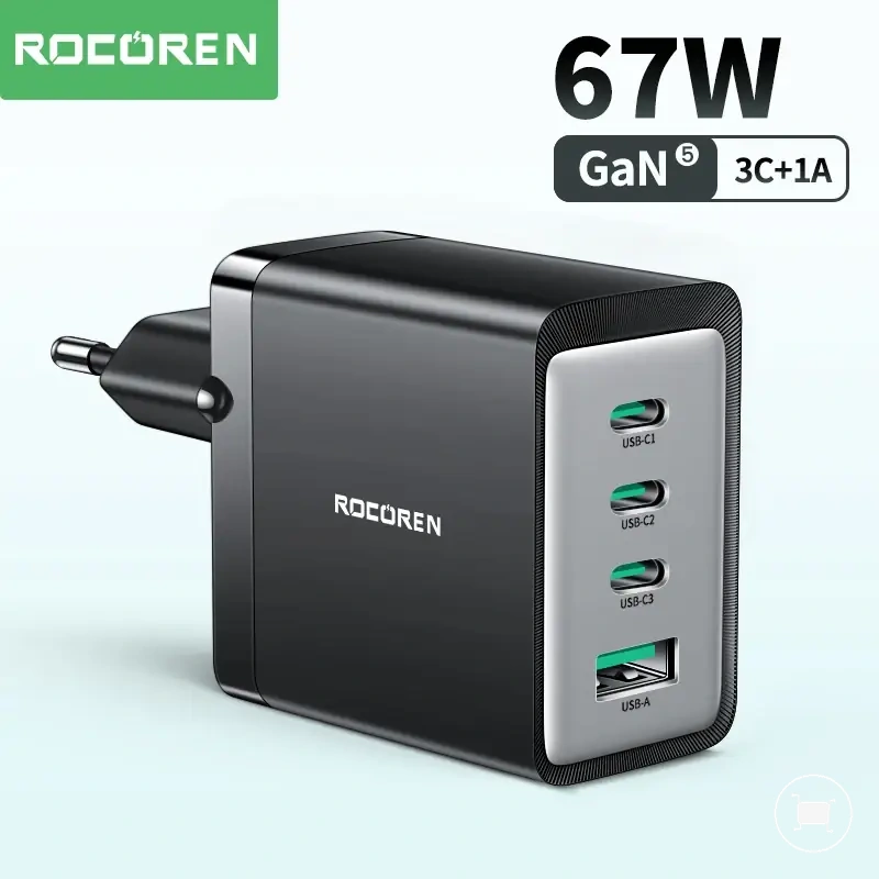 شاحن USB-C GaN متعدد المنافذ 67W لشحن اللابتوب والجوال.