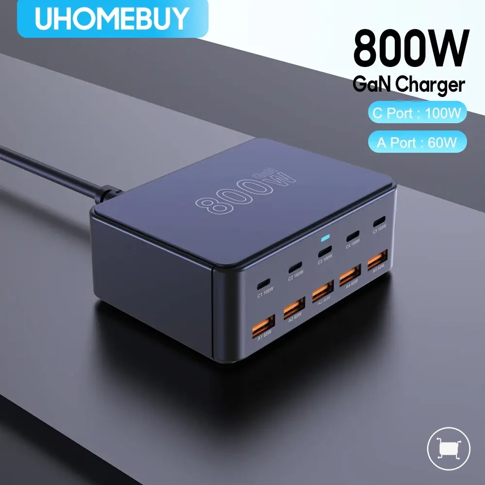محطة شحن USB-C GaN 800W مع منافذ PD وPPS وQC.