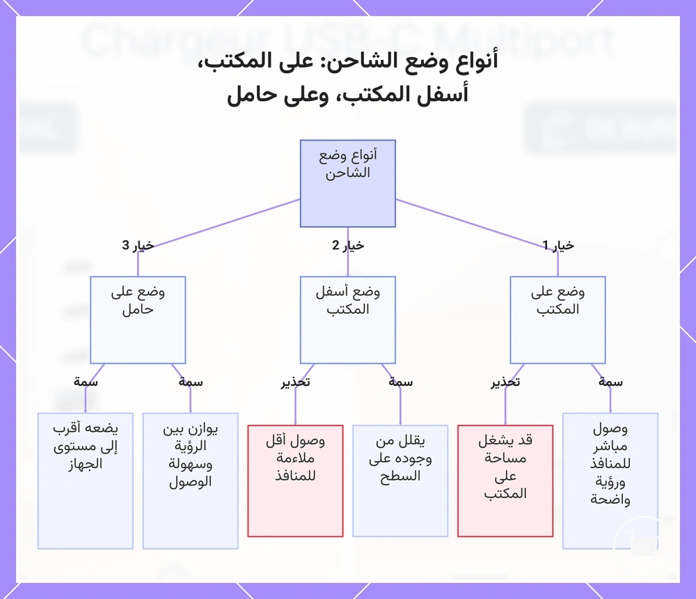 أنواع وضع الشاحن: على المكتب، أسفل المكتب، وعلى حامل