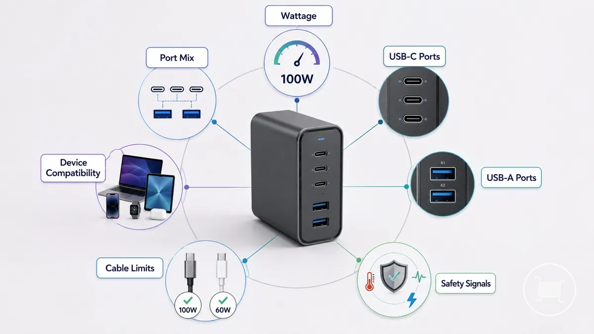 رسم تخطيطي لعوامل شراء شاحن USB-C متعدد المنافذ يوضح المنافذ والقدرة والتوافق وإشارات الأمان