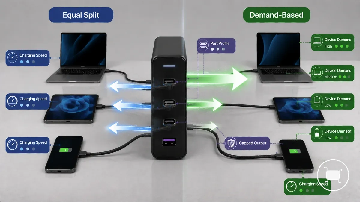 رسم مقارن يوضح افتراض التقسيم المتساوي مقابل التوزيع حسب الطلب في شاحن USB-C