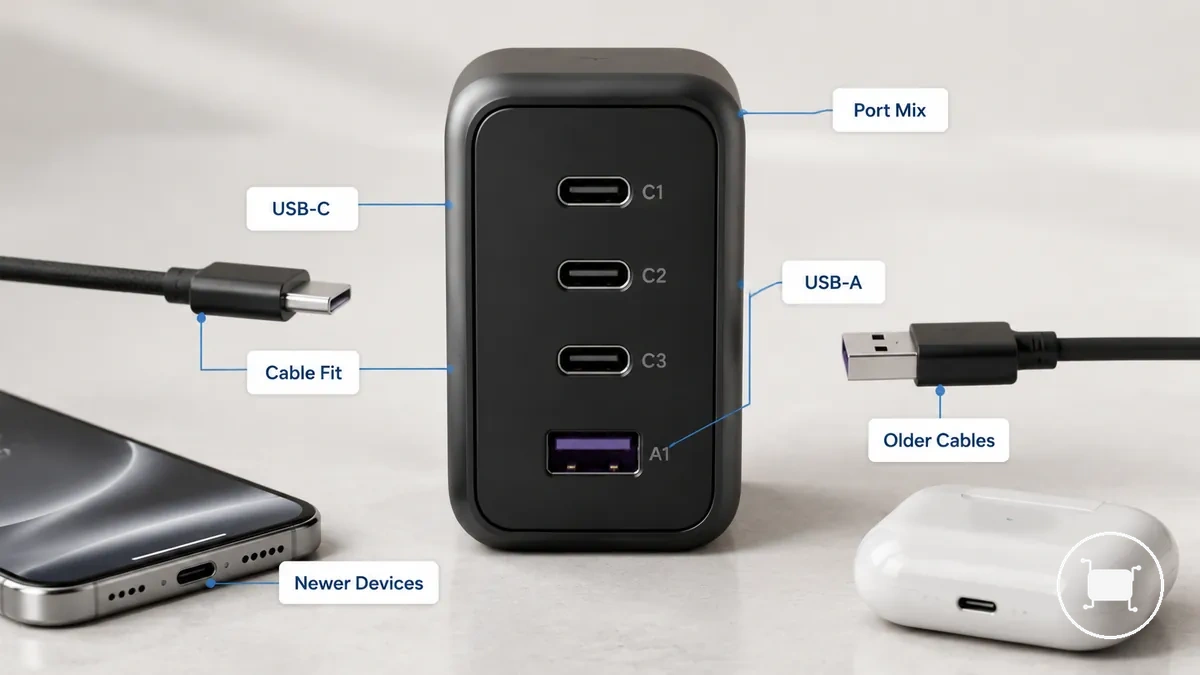 منافذ USB-C و USB-A مختلطة على شاحن متعدد المنافذ