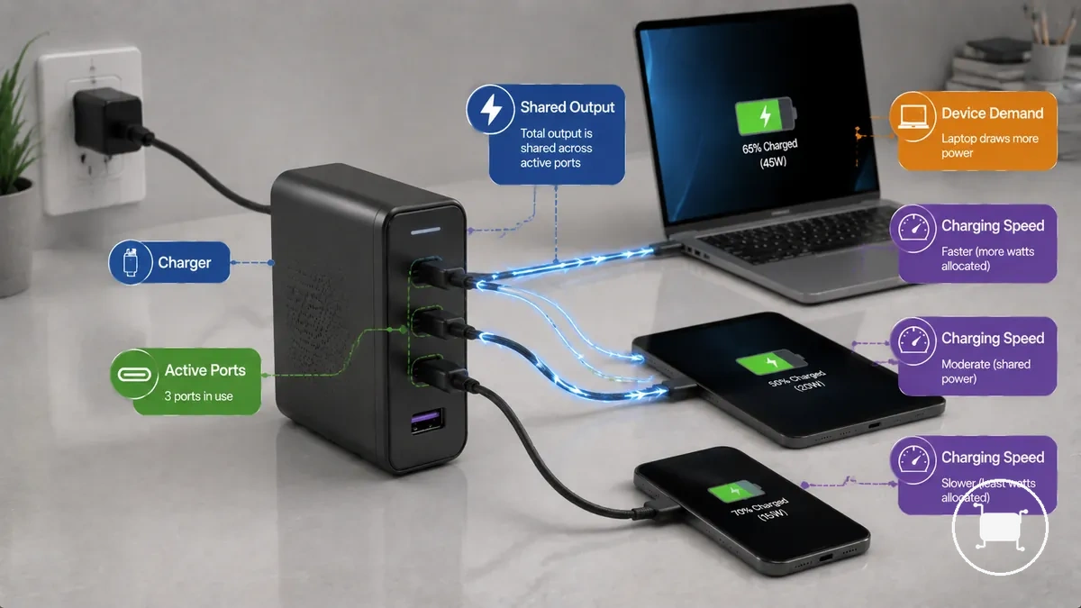 رسم بياني يوضح مشاركة الطاقة بين المنافذ النشطة على شاحن USB-C متعدد المنافذ