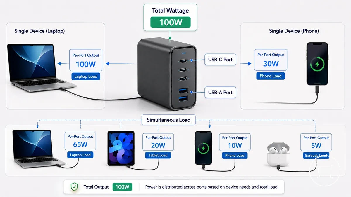 رسم بياني لقدرة شاحن USB-C متعدد المنافذ يوضح إجمالي الخرج والخرج لكل منفذ مع توصيل حاسوب محمول وهاتف