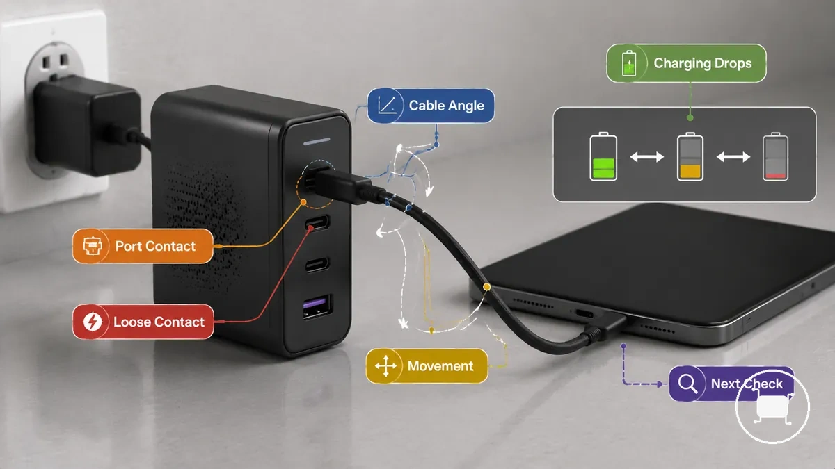 كابل USB-C ومنفذ يظهران شحنًا متقطعًا وتغيرات في الاتصال