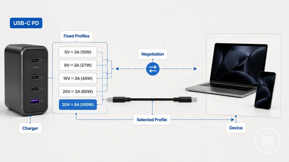 رسم توضيحي يظهر كيفية عمل اختيار الملف الثابت ضمن توصيل الطاقة USB-C