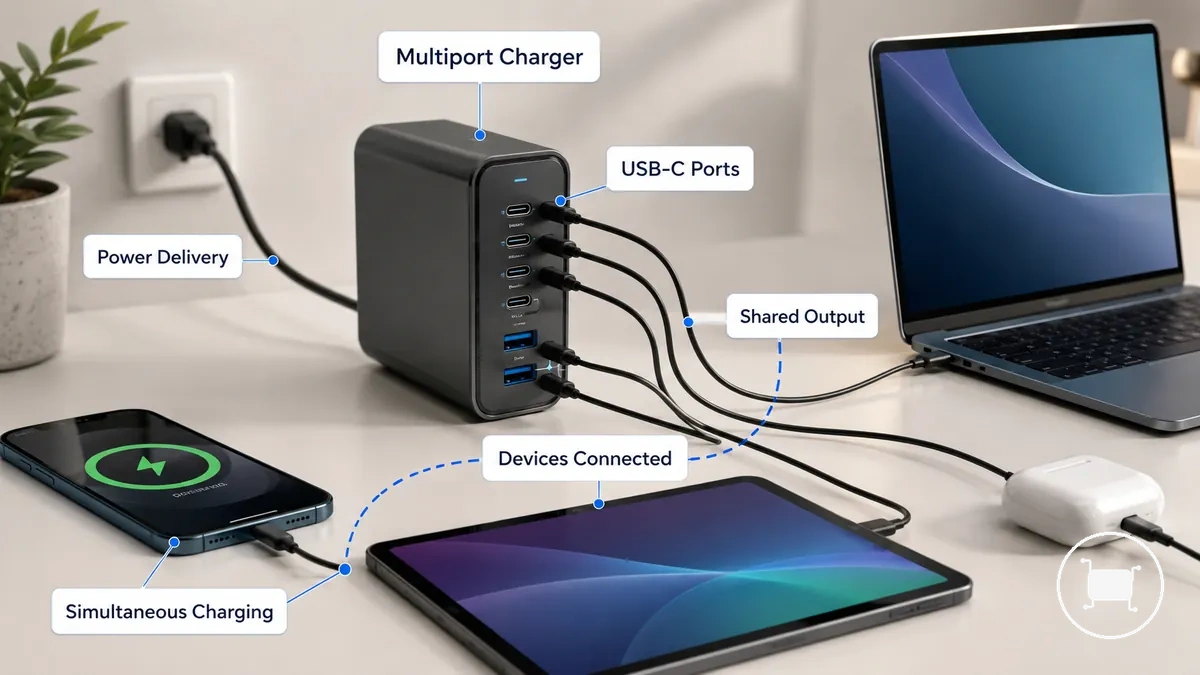 شاحن USB-C متعدد المنافذ مع منافذ خرج USB-C و USB-A موضحة ومتصلة بأجهزة متعددة