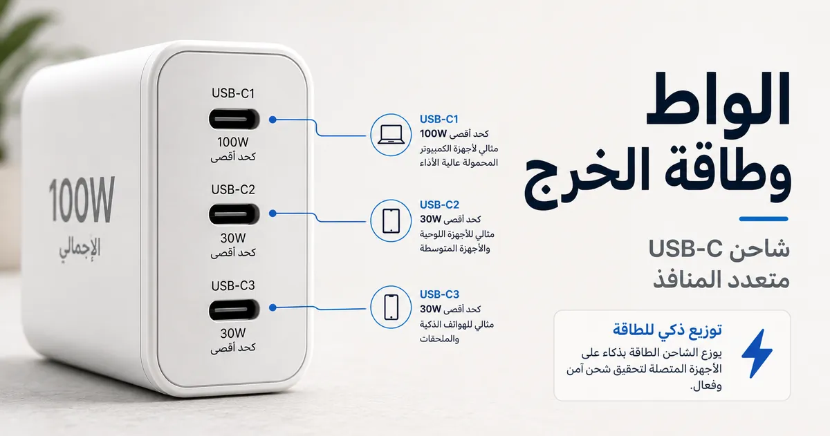 لقطة قريبة لشاحن USB-C متعدد المنافذ تظهر ملصقات الواط وطاقة الخرج.