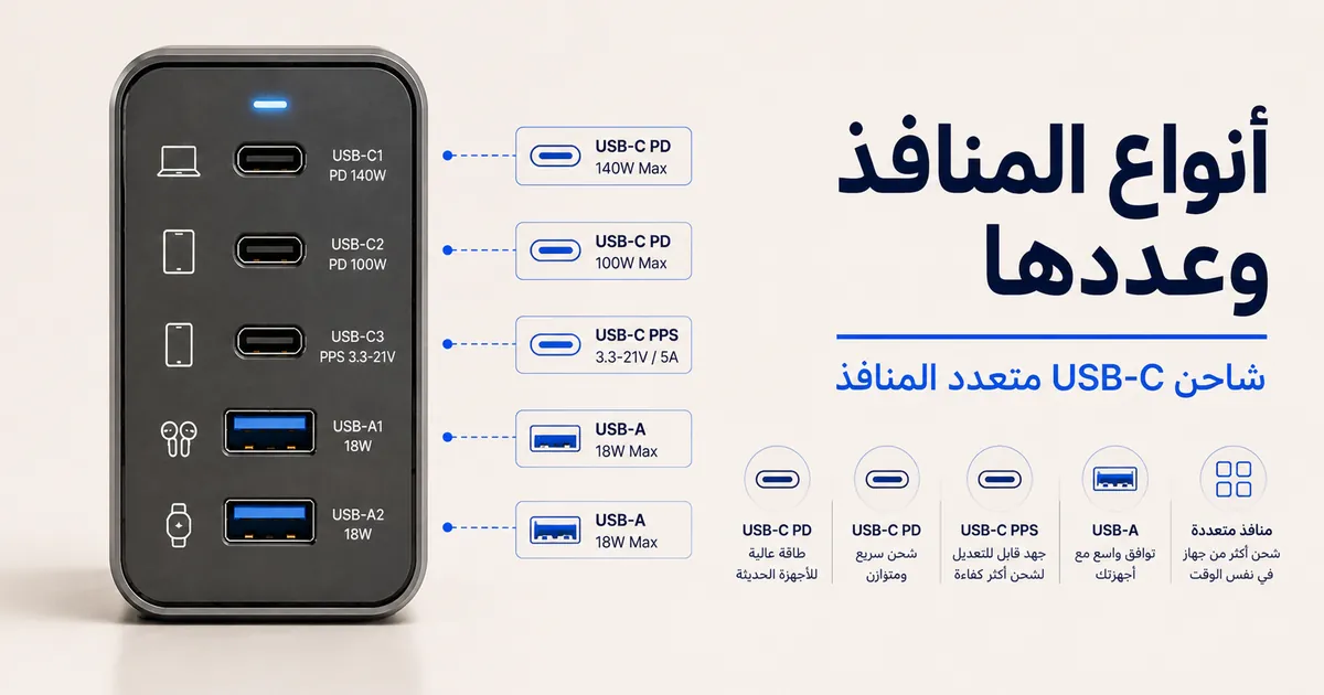 واجهة شاحن USB-C متعدد المنافذ تظهر منافذ USB-C وUSB-A مختلفة.
