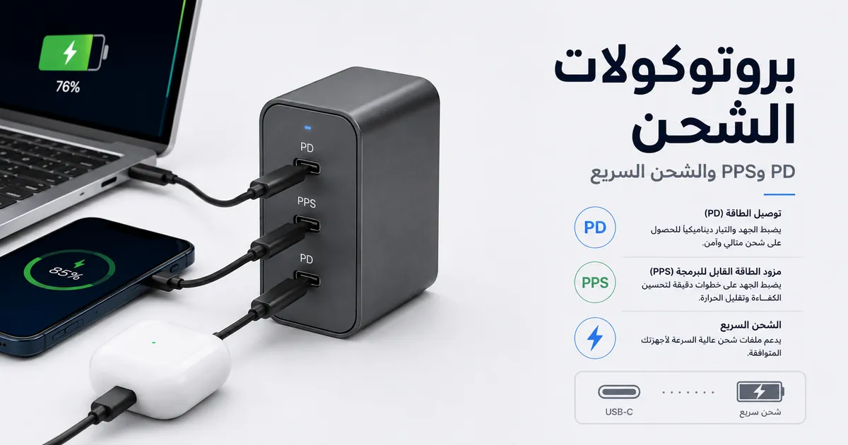 شاحن USB-C متعدد المنافذ مع ملصقات بروتوكولات الشحن السريع وأجهزة متصلة.