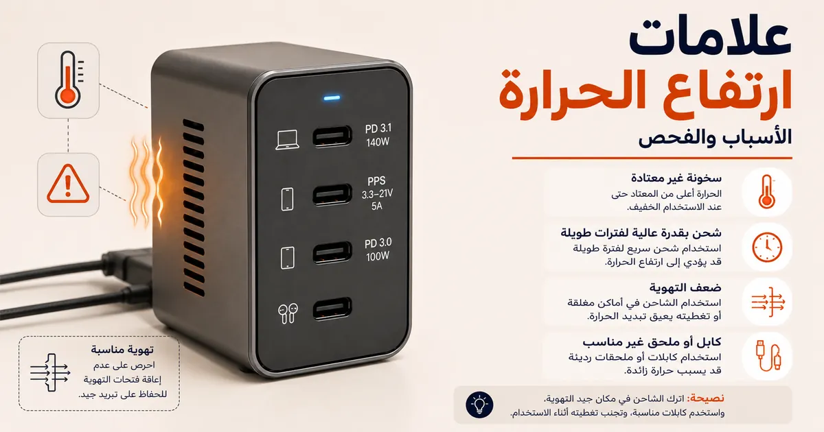 شاحن USB-C متعدد المنافذ دافئ مع علامات تحذير لفحص احتمال ارتفاع الحرارة.