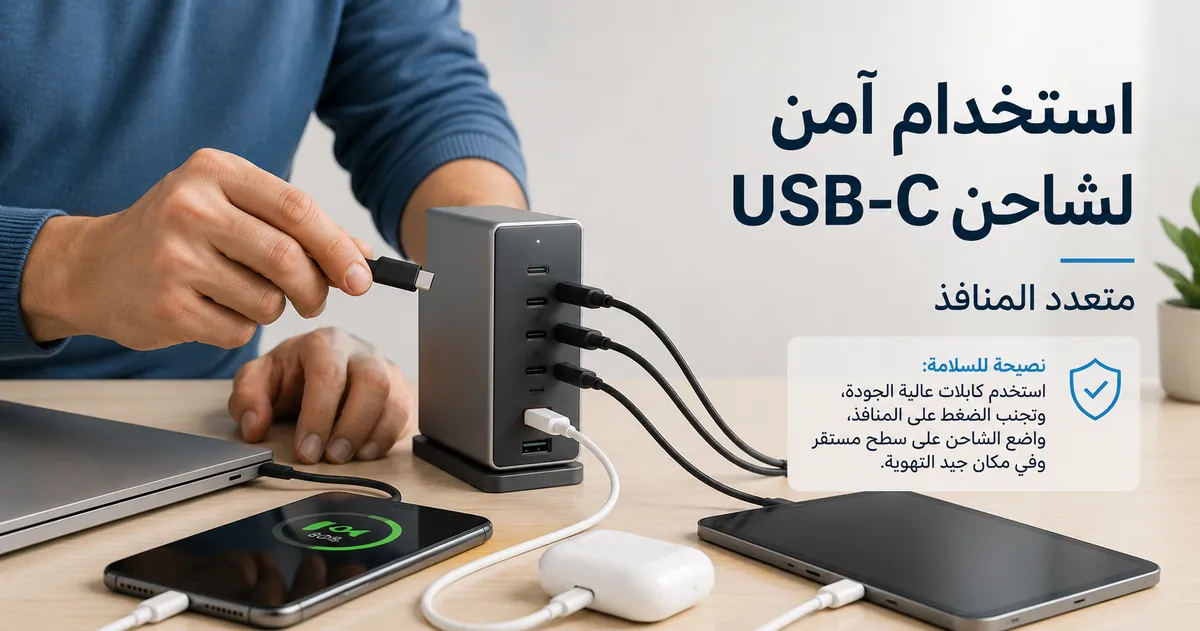 شخص يوصل الأجهزة بشاحن USB-C متعدد المنافذ بطريقة آمنة.
