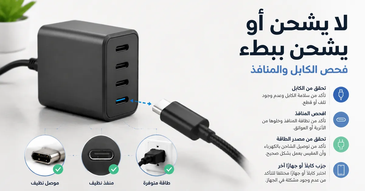 صورة لفحص شاحن USB-C متعدد المنافذ مع التحقق من الكابل والمنافذ.