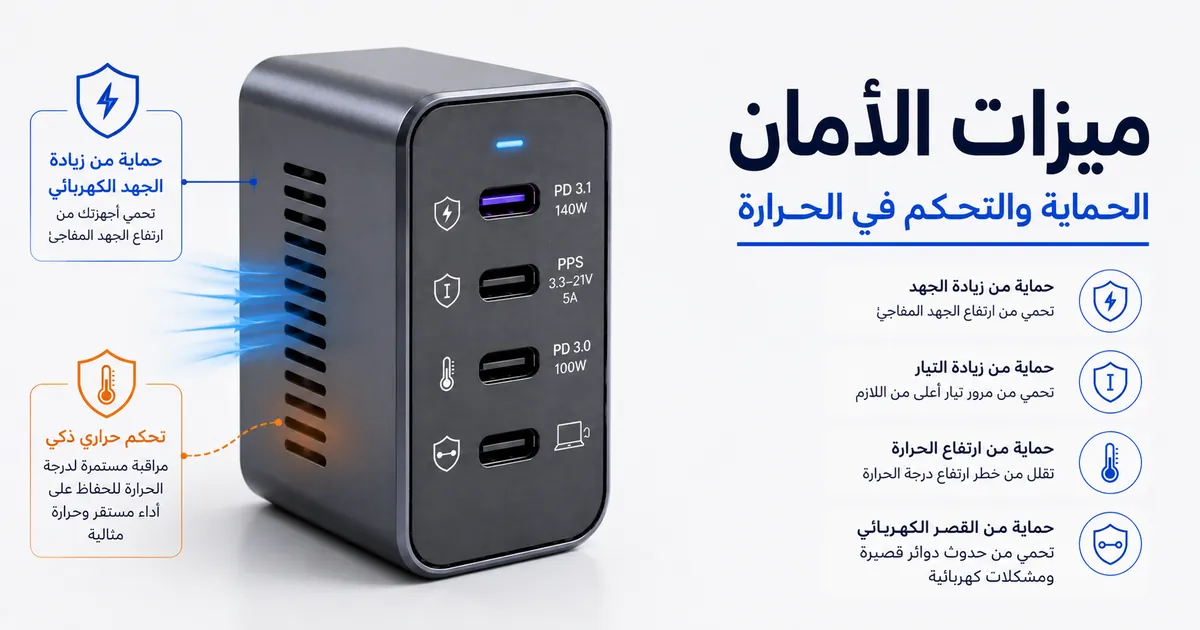 شاحن USB-C متعدد المنافذ مع تفاصيل واضحة للحماية والتحكم في الحرارة.