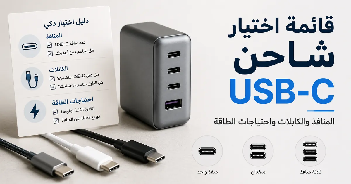 قائمة لاختيار شاحن USB-C متعدد المنافذ حسب المنافذ والكابلات واحتياجات الطاقة.