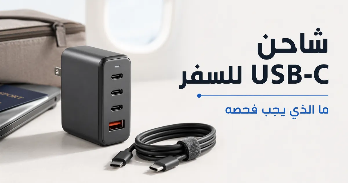شاحن USB-C متعدد المنافذ بحجم مدمج ومجهز لشحن الأجهزة أثناء السفر.