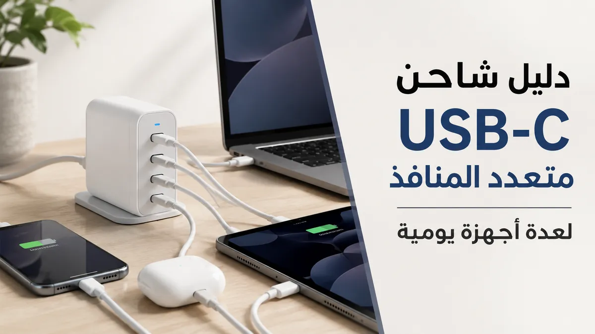 شاحن USB-C متعدد المنافذ موصول بعدة أجهزة للشحن اليومي.