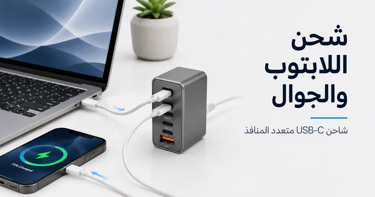 لابتوب وجوال موصولان بالشاحن نفسه USB-C متعدد المنافذ.