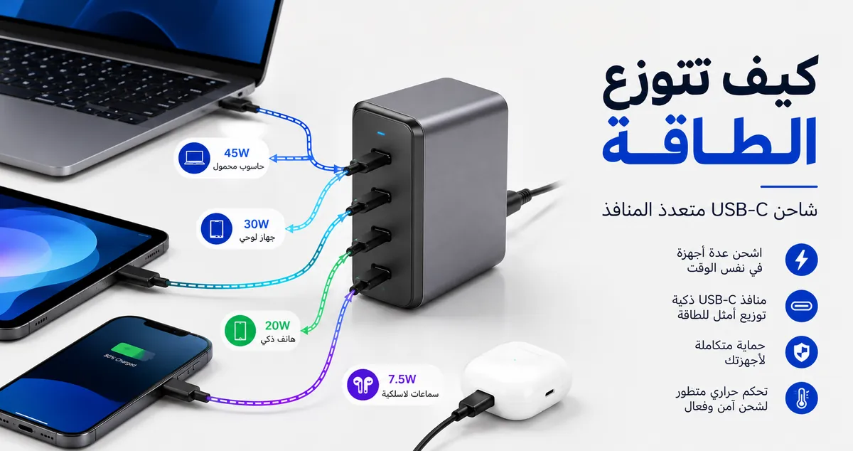 شاحن USB-C متعدد المنافذ يمد عدة أجهزة بالطاقة عبر منافذ مشتركة.