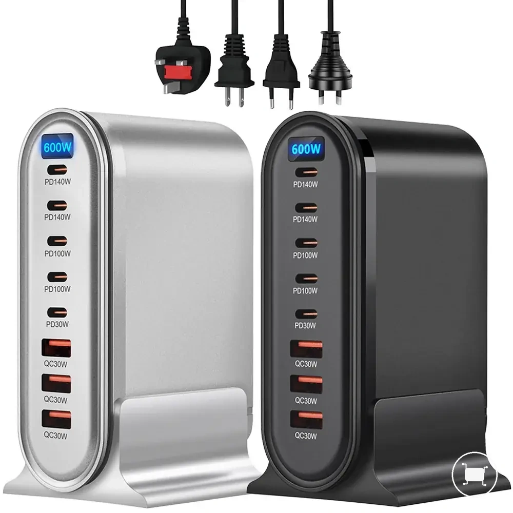 600W GaN-Tischladegerät mit 8 Ports, LED-Anzeige und 5C3A-Portlayout.