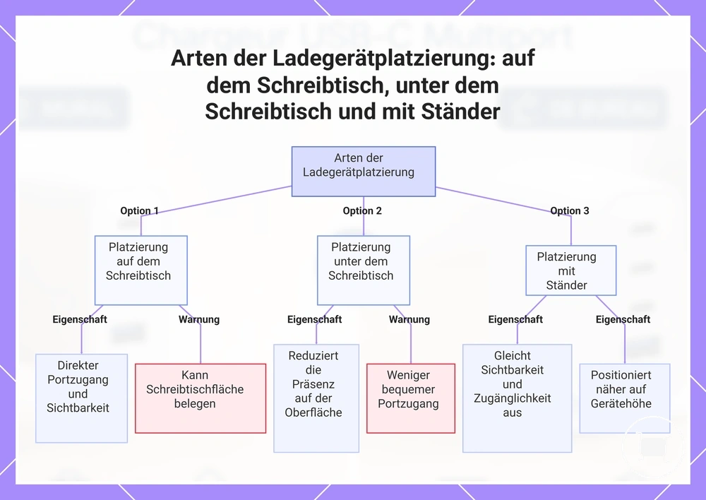 Arten der Ladegerätplatzierung: auf dem Schreibtisch, unter dem Schreibtisch und mit Ständer