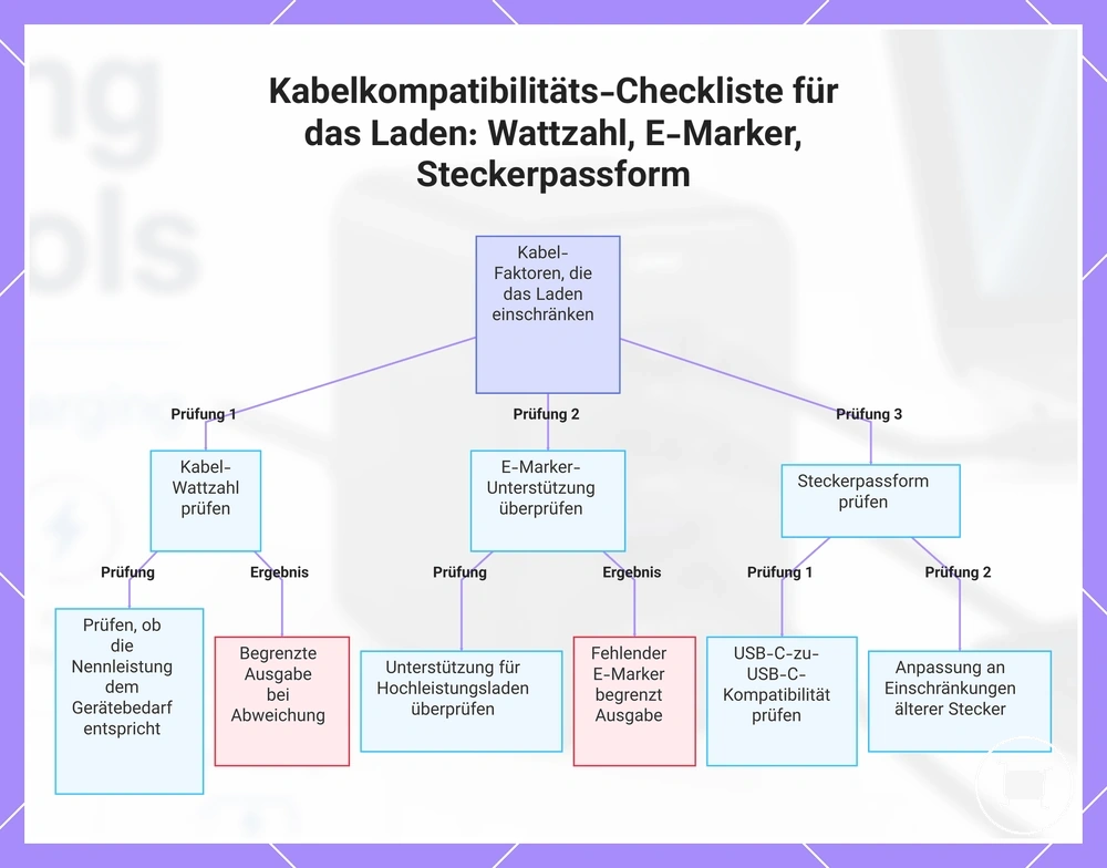 Kabelkompatibilitäts-Checkliste für das Laden: Wattzahl, E-Marker, Steckerpassform