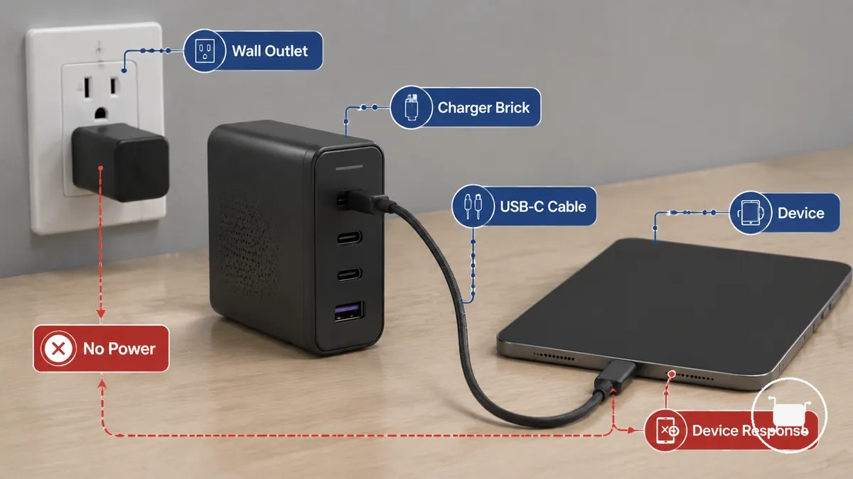 USB-C-Ladegerät angeschlossen an Steckdose und Gerät ohne sichtbare Ladereaktion