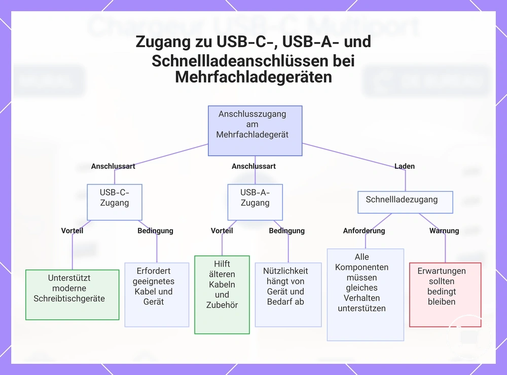 Zugang zu USB-C-, USB-A- und Schnellladeanschlüssen bei Mehrfachladegeräten
