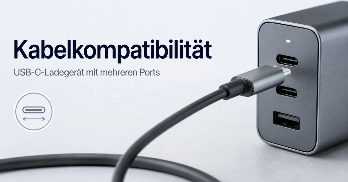 USB-C-Ladekabel ist mit einem USB-C-Ladegerät mit mehreren Ports verbunden.