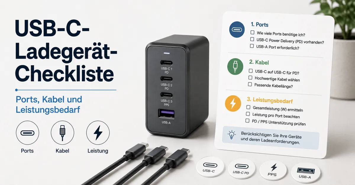Checkliste zur Auswahl eines USB-C-Ladegeräts mit mehreren Ports nach Anschlüssen, Kabeln und Leistungsbedarf.