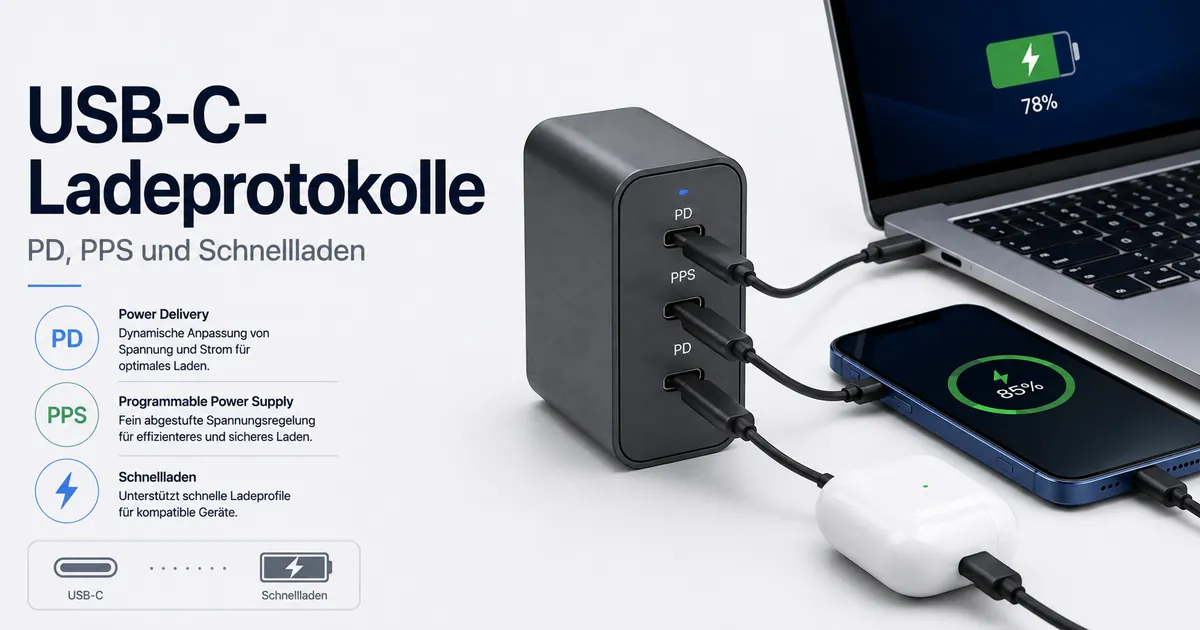 USB-C-Ladegerät mit mehreren Ports, Schnellladeprotokoll-Kennzeichnungen und angeschlossenen Geräten.