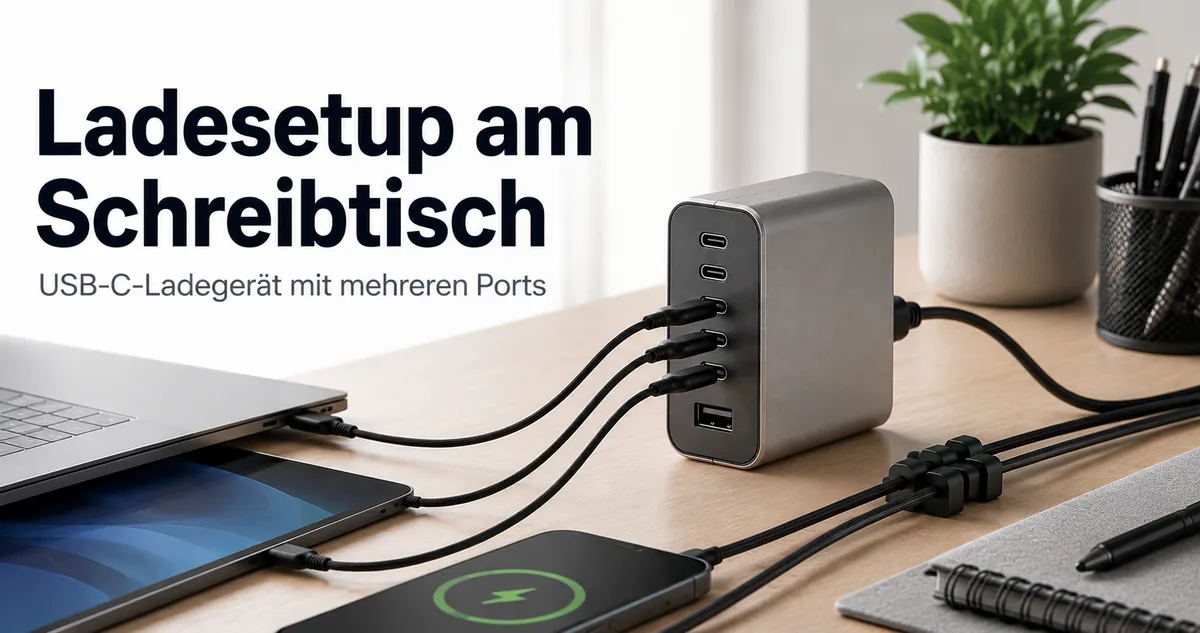 Schreibtisch mit USB-C-Ladegerät mit mehreren Ports und ordentlich geführten Kabeln.