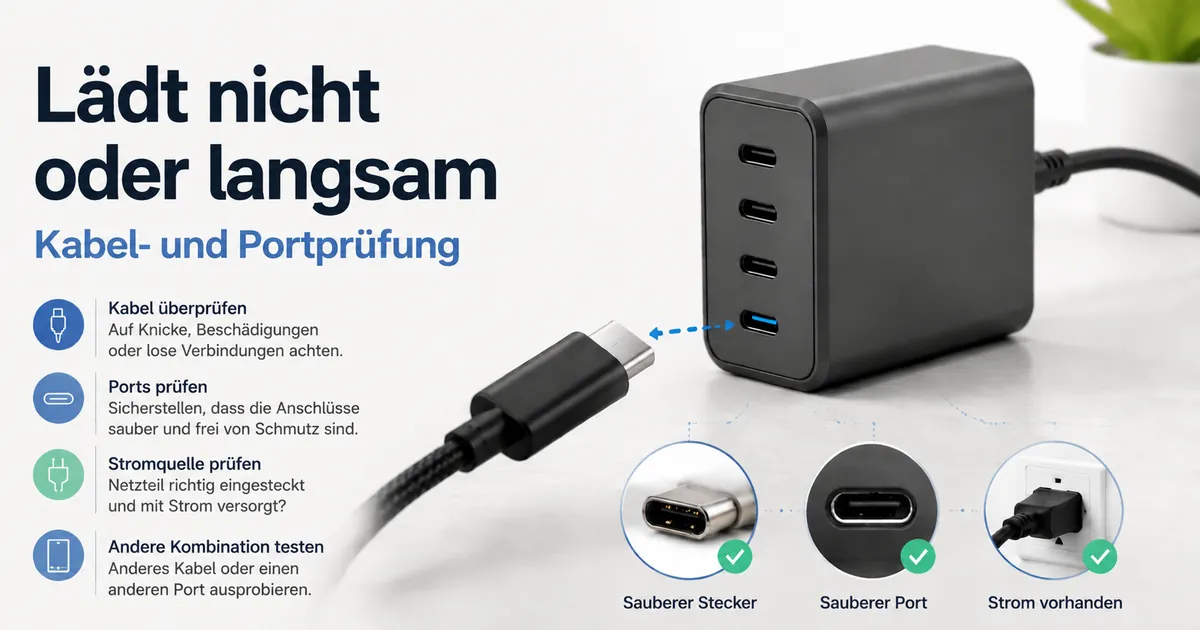 Fehlersuche an einem USB-C-Ladegerät mit mehreren Ports mit Kabel- und Portprüfung.