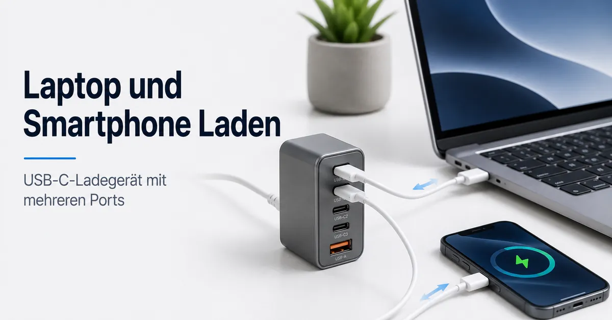 Laptop und Smartphone sind mit demselben USB-C-Ladegerät mit mehreren Ports verbunden.
