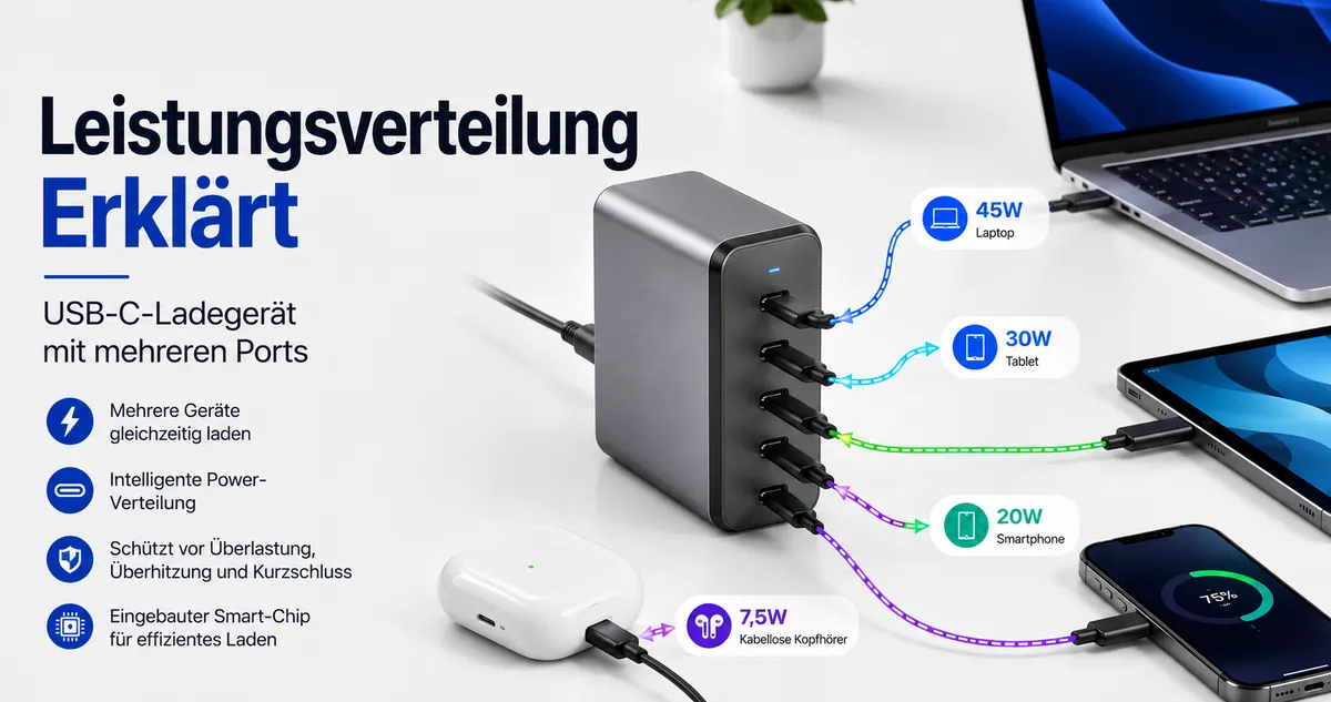 USB-C-Ladegerät mit mehreren Ports versorgt mehrere Geräte über gemeinsam genutzte Anschlüsse.