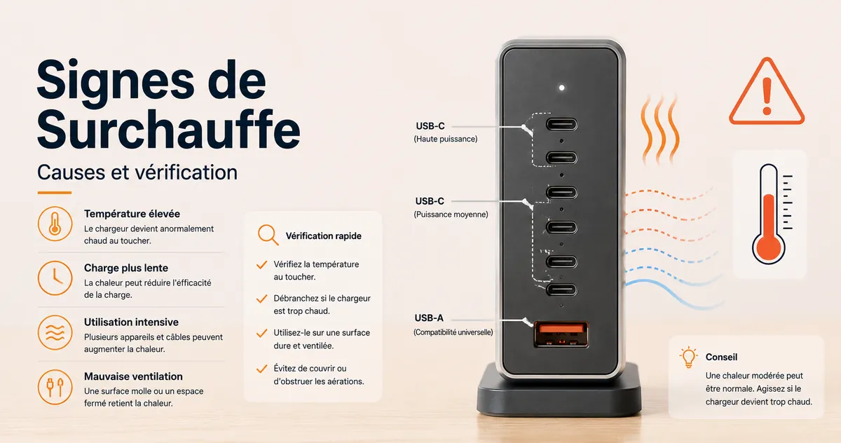Vorderseite eines USB-C-Ladegeräts mit mehreren Ports und verschiedenen USB-C- und USB-A-Anschlüssen.