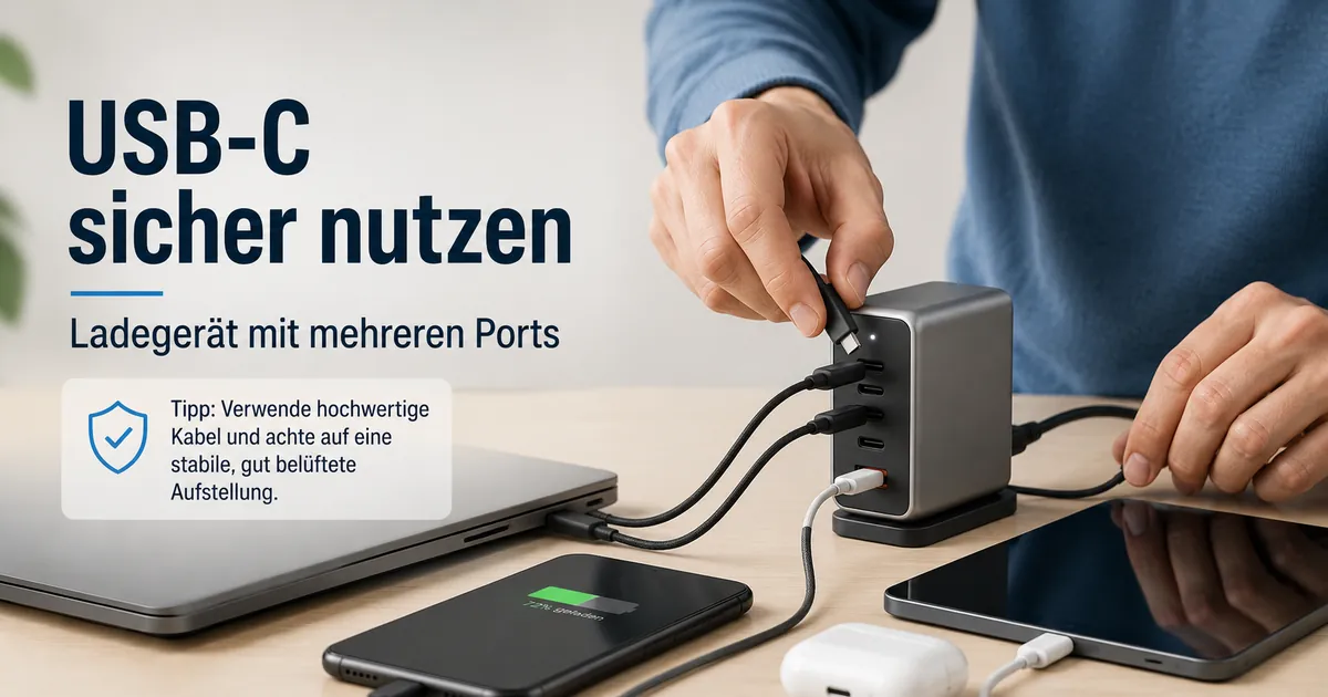 Person verbindet Geräte sicher mit einem USB-C-Ladegerät mit mehreren Ports.