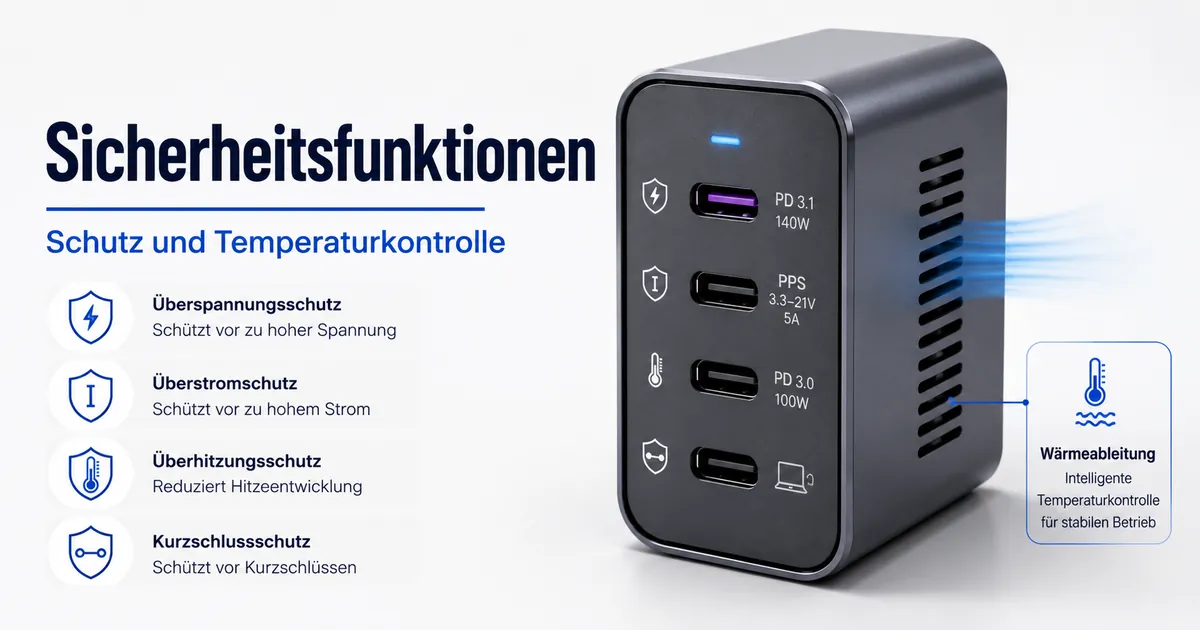 USB-C-Ladegerät mit mehreren Ports mit sichtbaren Schutzfunktionen und Temperaturkontrolle.