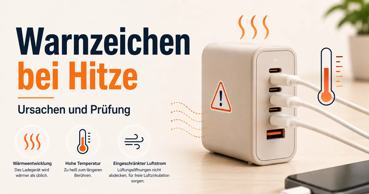 Warmes USB-C-Ladegerät mit mehreren Ports mit Warnzeichen zur Prüfung auf Überhitzung.