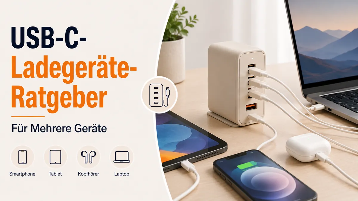 USB-C-Ladegerät mit mehreren Ports und mehreren angeschlossenen Geräten für den Alltag.