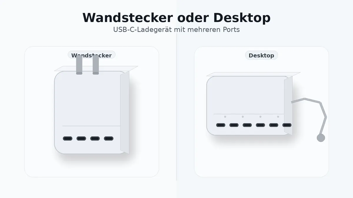 USB-C-Ladegeräte mit mehreren Ports als Wandstecker und Desktop-Version nebeneinander.