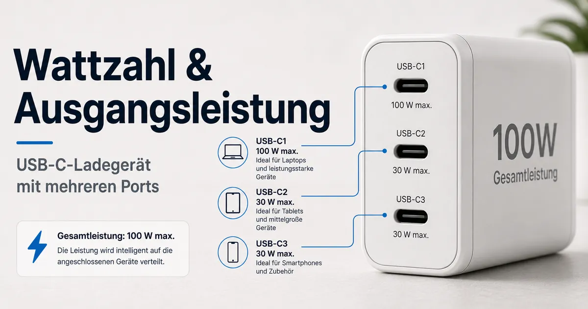 Nahaufnahme eines USB-C-Ladegeräts mit mehreren Ports und Angaben zu Wattzahl und Ausgangsleistung.