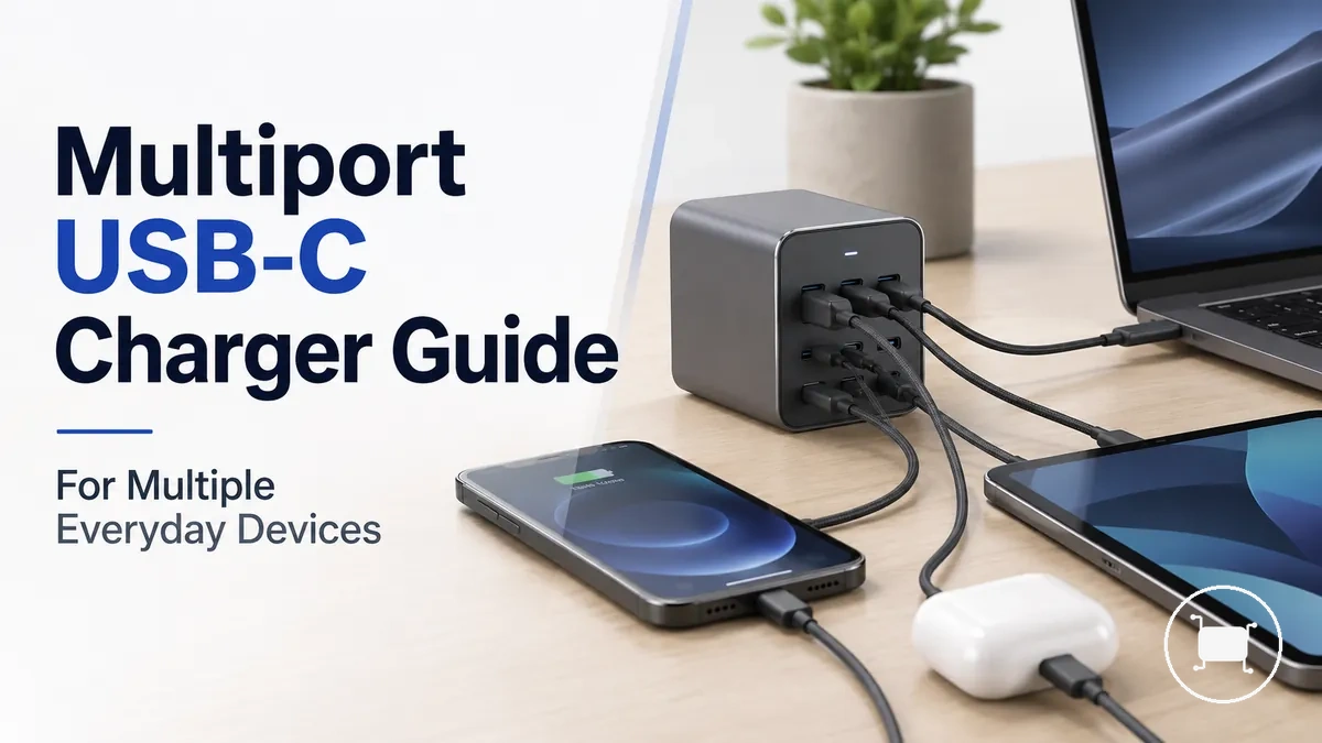 Multiport USB-C charger with several devices connected for everyday charging.