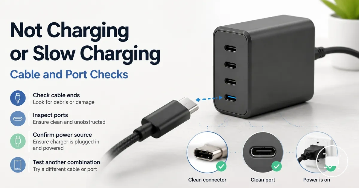 Multiport USB-C charger troubleshooting scene with cable and port checks.