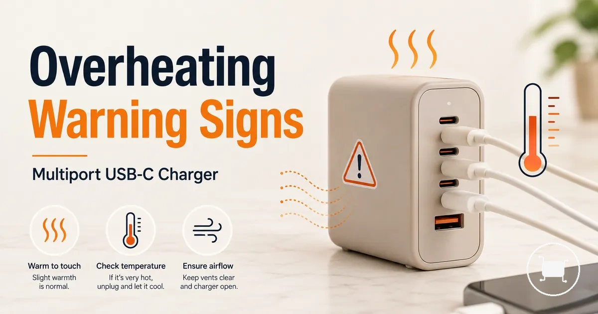 Warm multiport USB-C charger with warning signs for overheating checks.