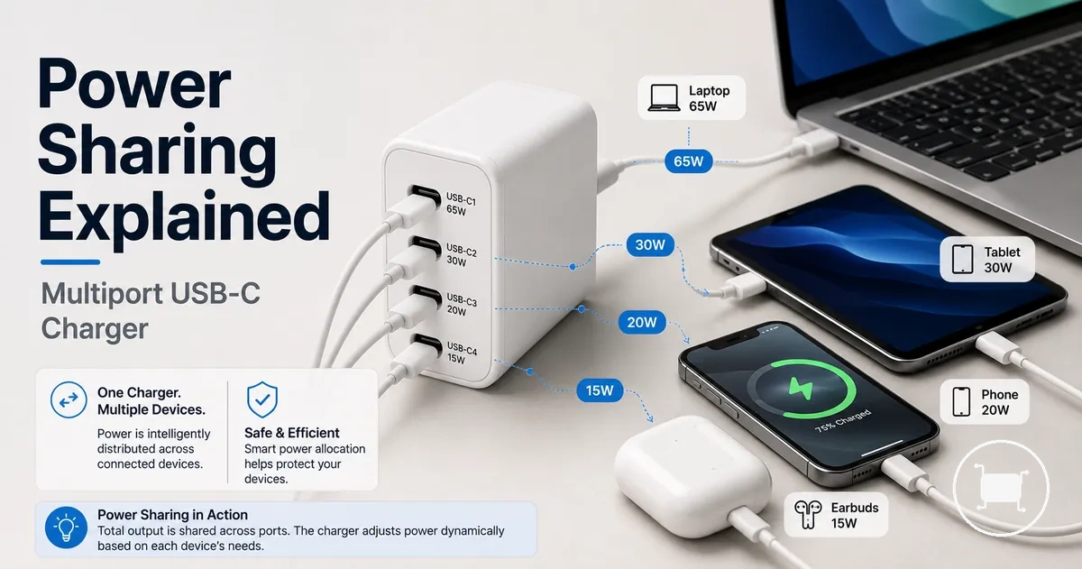 Multiport USB-C charger powering several devices through shared ports.